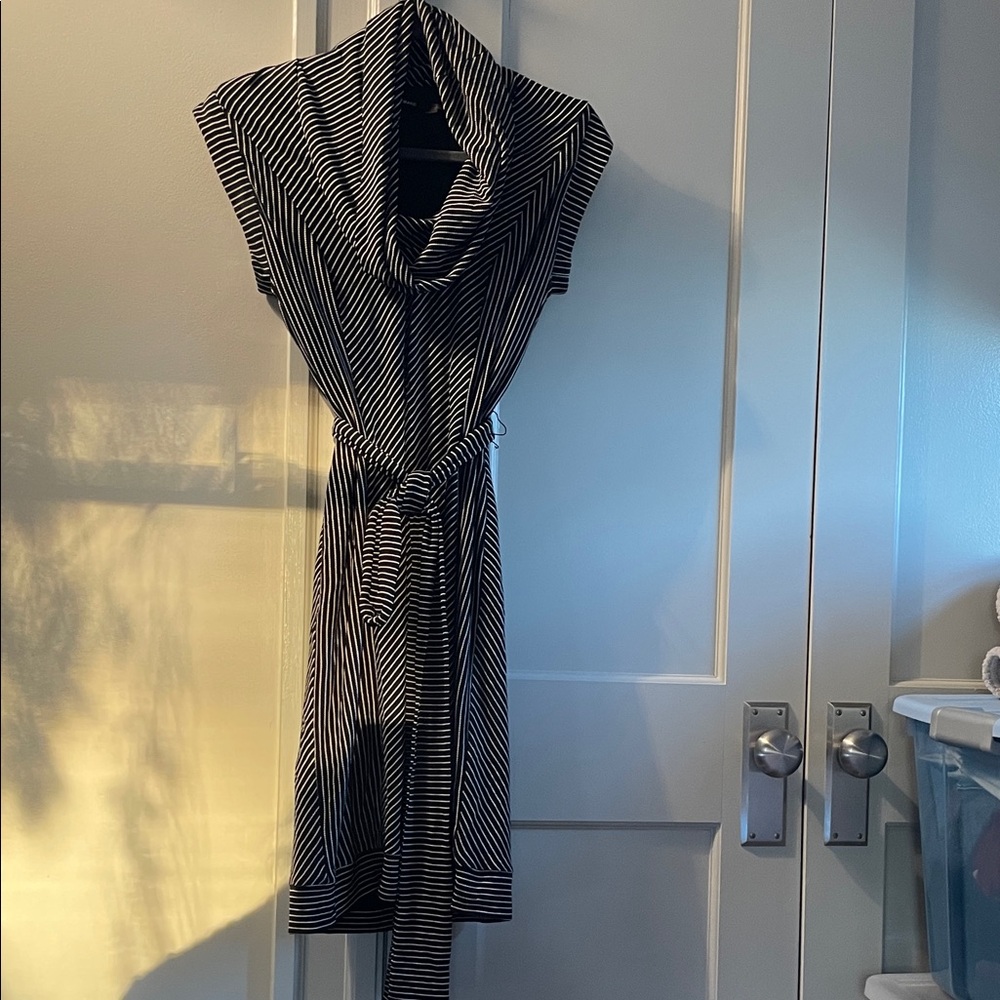 Andrew Marc Black and White Striped belted dress